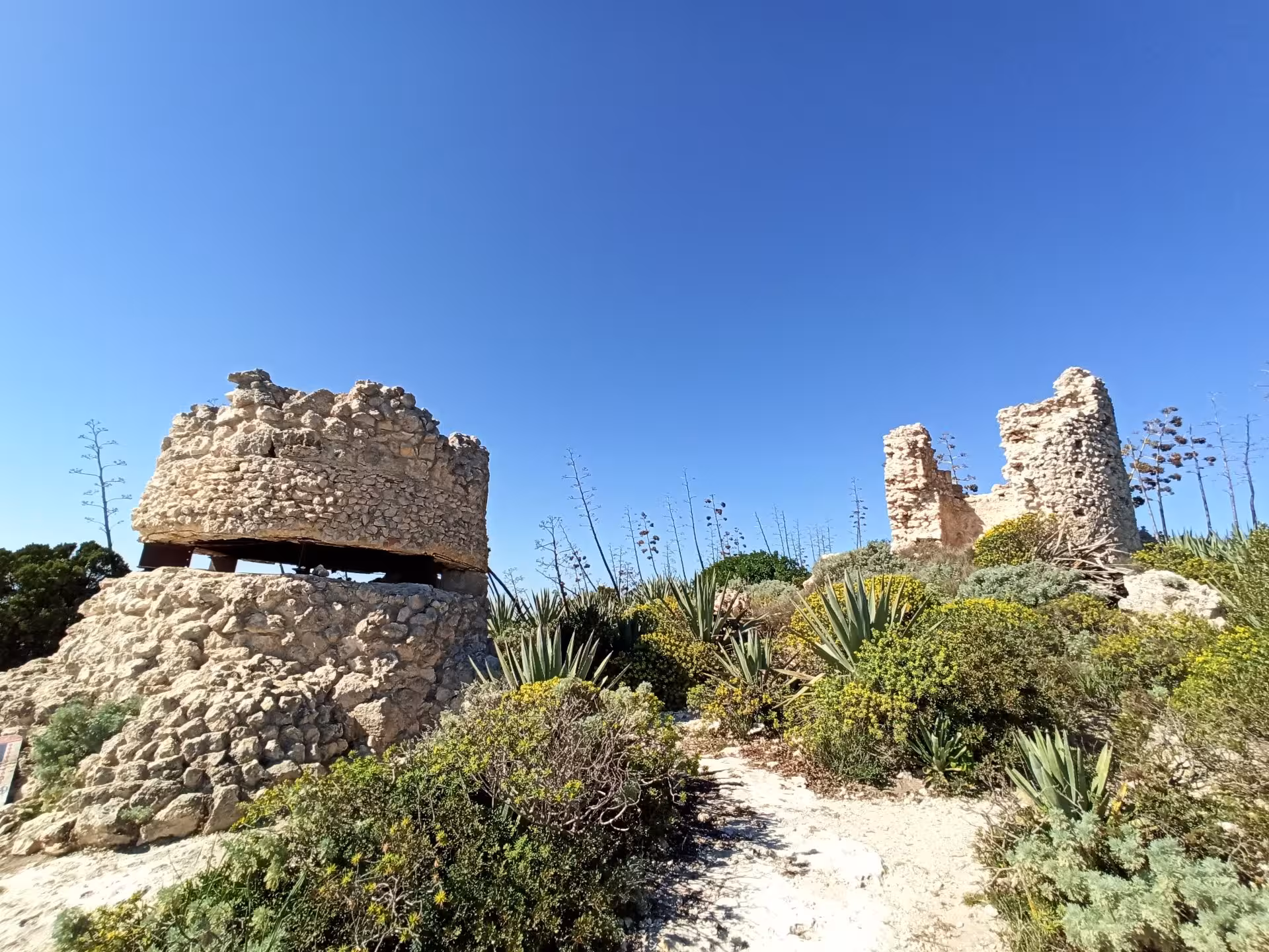 Ancient stone ruins surrounded by Mediterranean flora on the Sella del Diavolo trekking route in Cagliari.