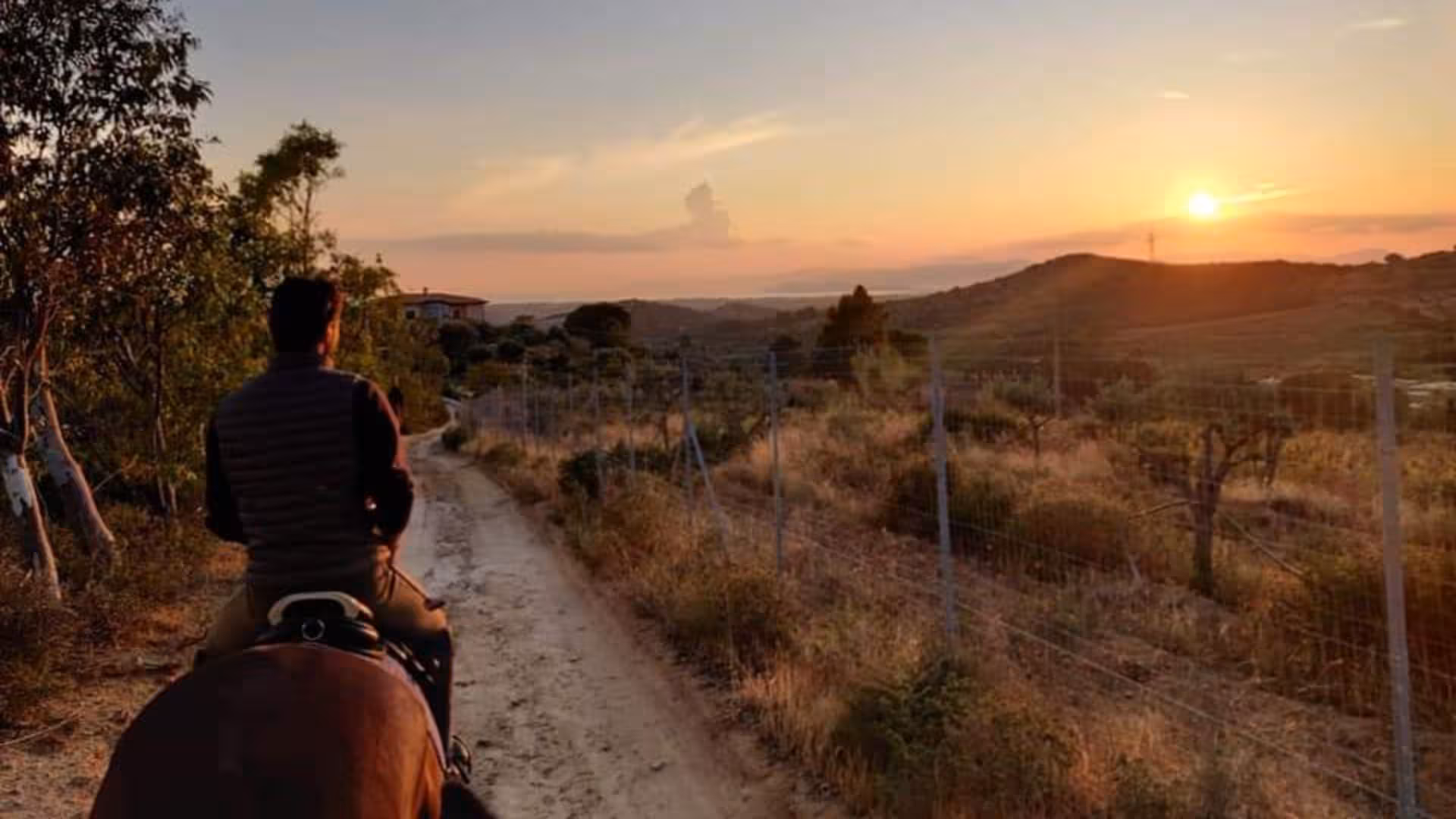Rider enjoys a tranquil sunset horseback ride through Cagliari's picturesque countryside with stunning views.