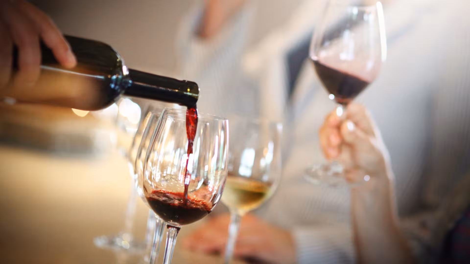 Guests enjoying wine tasting at a Cagliari winery, showcasing a blend of red and white wines in elegant glasses.