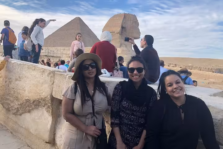 Group photo at the Sphinx and Giza Pyramids viewpoint, a highlight of the Cairo 2-day pyramids tour