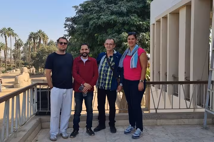 Guests with private guide on Cairo Airport transfer tour, visiting Egyptian Museum and Coptic Cairo
