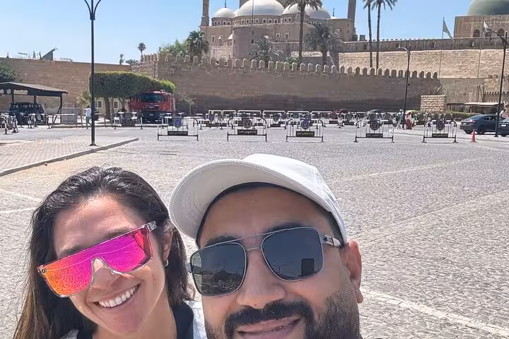 Travelers selfie at Cairo Citadel and Mosque of Muhammad Ali during National Museum, Citadel & Old Cairo tour
