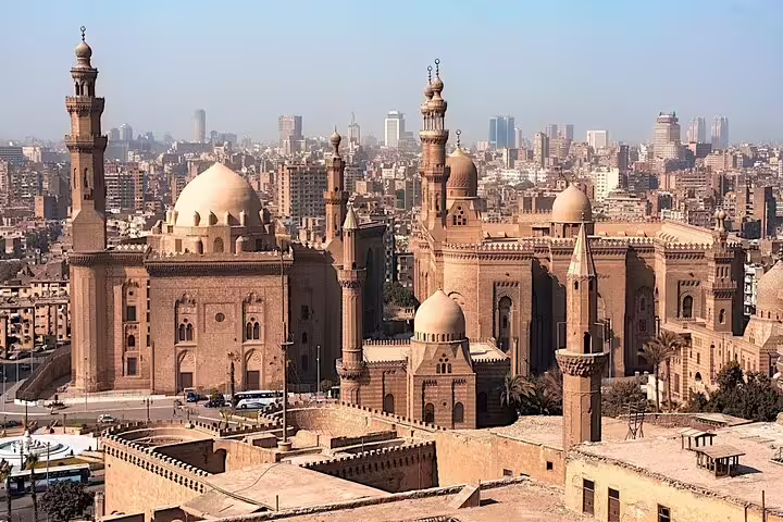 Cairo Citadel skyline with Sultan Hassan and Al-Rifa’i Mosque domes, classic stop on Cairo day tour itinerary