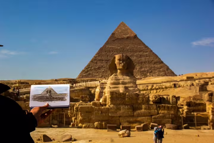 Sketchbook view of the Great Sphinx and Giza Pyramid during a Cairo day trip from Alexandria by car with guide