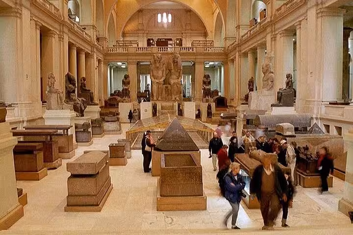 Cairo Egyptian Museum gallery with ancient sarcophagi on a private 2-day tour from Hurghada and El Gouna
