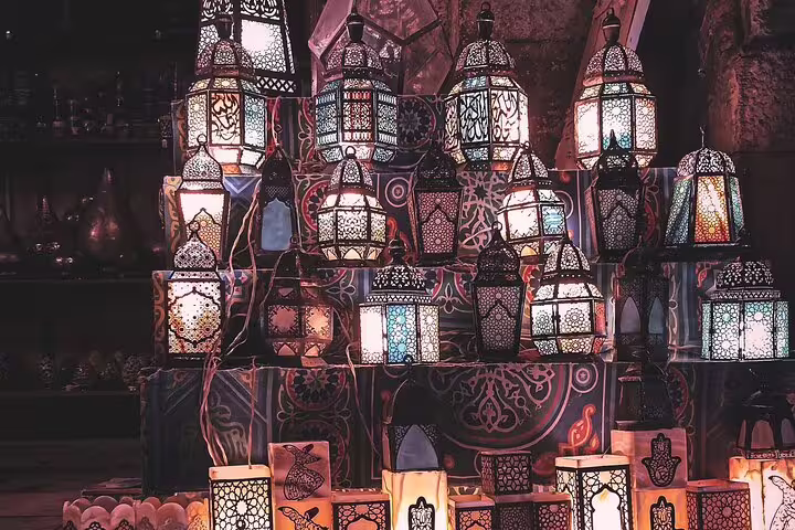 Colorful mosaic lanterns at Cairo Khan El Khalili bazaar, shopping stop on 2-day Cairo Alexandria tour