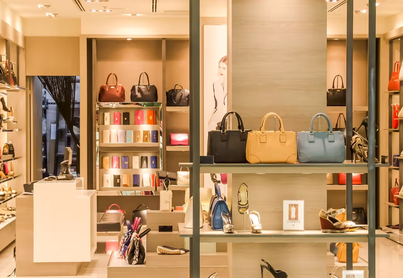 Luxury handbags, wallets, and heels displayed on shelves in a modern Cairo mall boutique
