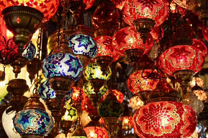 Colorful mosaic lanterns in Cairo bazaar, perfect stop on Historical Cairo Mosques tour in Egypt