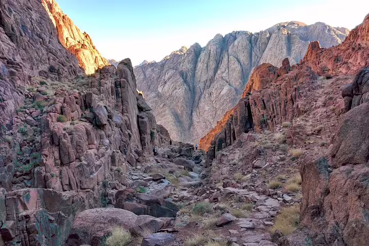 Rocky trail through Sinai mountains on Cairo overnight hike to Mount Sinai, route toward St Catherine Monastery