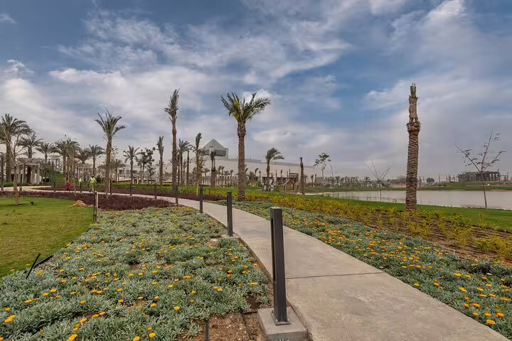 Palm-lined walkway and gardens near Cairo National Museum by the Nile, included in Egyptian Museum and Citadel tour