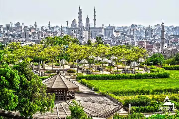 Panoramic view from Al Azhar Park over Islamic Cairo skyline, perfect for Cairo by night dinner tour photos