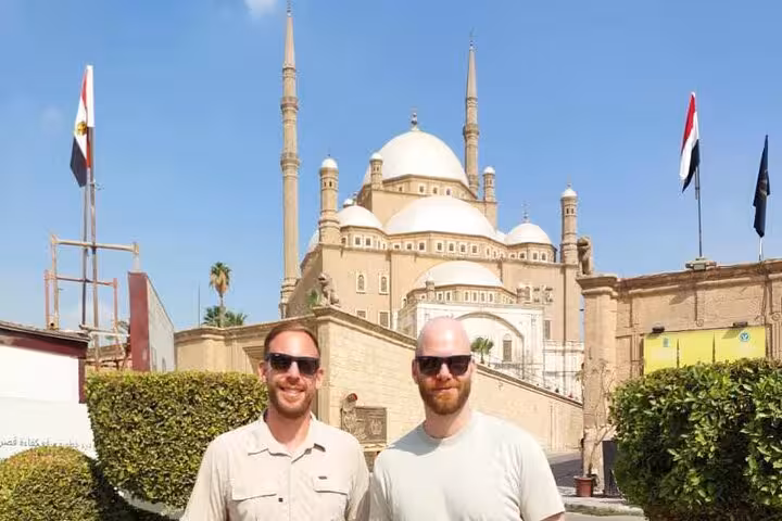 Travelers at Saladin Citadel with Mosque of Muhammad Ali on private Cairo tour including Egyptian Museum and churches