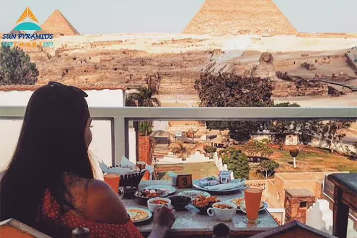 Breakfast with panoramic view of Giza Pyramids in Cairo, highlight of 4-day Cairo and Red Sea package
