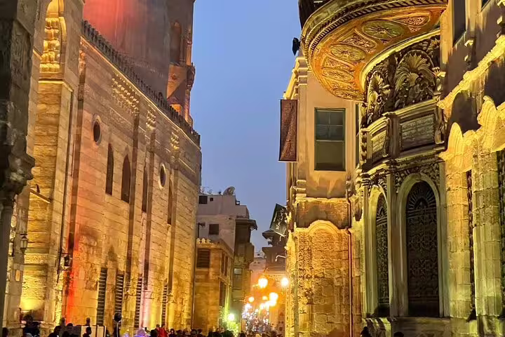 Evening view of Al-Muizz Street architecture in Old Cairo, guided Cairo tour from Alexandria with Port Said drop-off