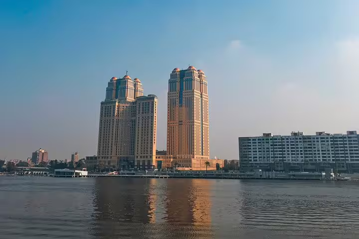 Cairo skyline and Nile River at sunset, panoramic view often seen from Cairo Tower on a Cairo day tour
