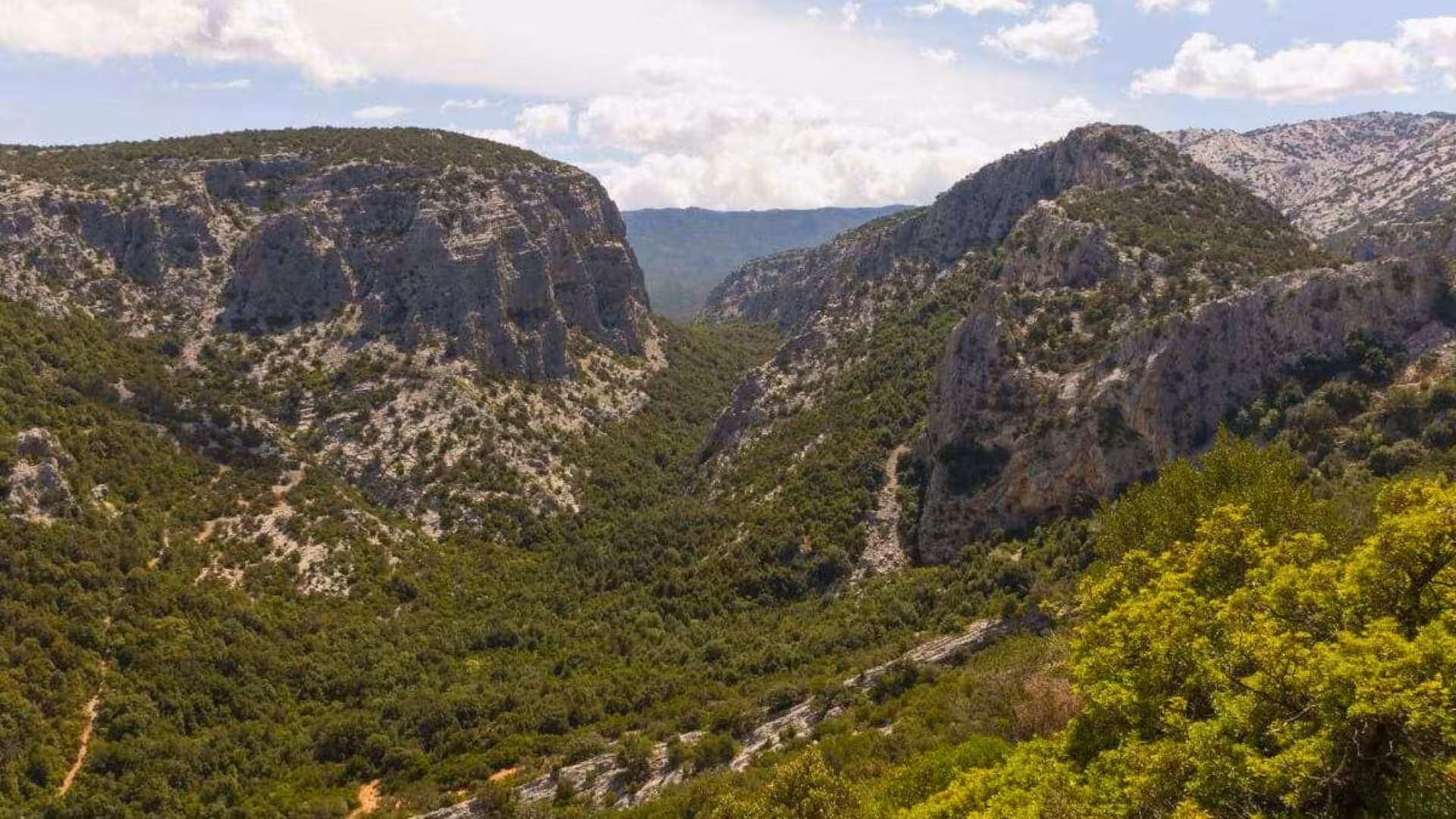 Breathtaking view of lush green valleys and rugged mountains on the trek to Tiscali from Cala Gonone.