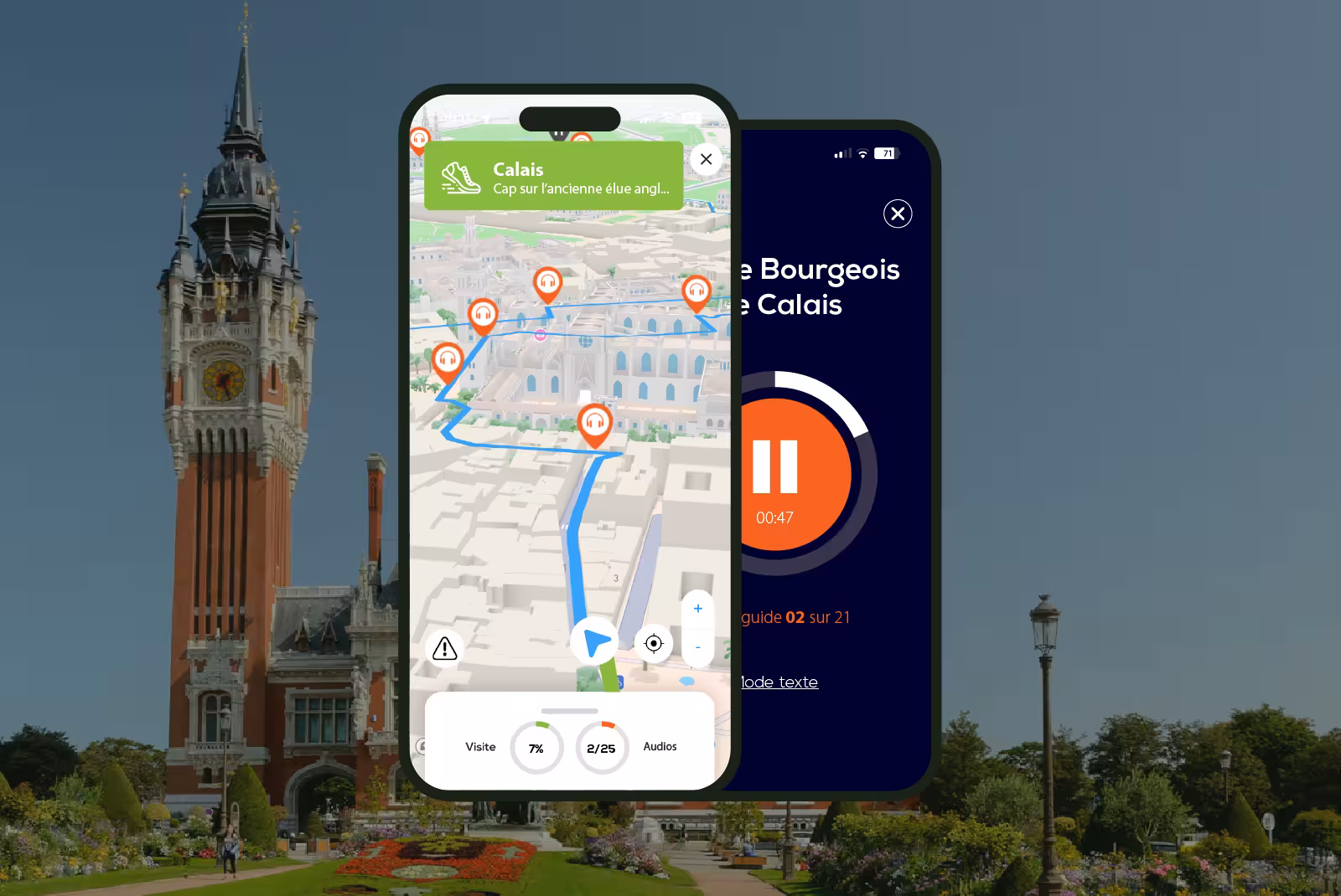 Calais audioguide mobile application interface on smartphone with the Belfry in the background.