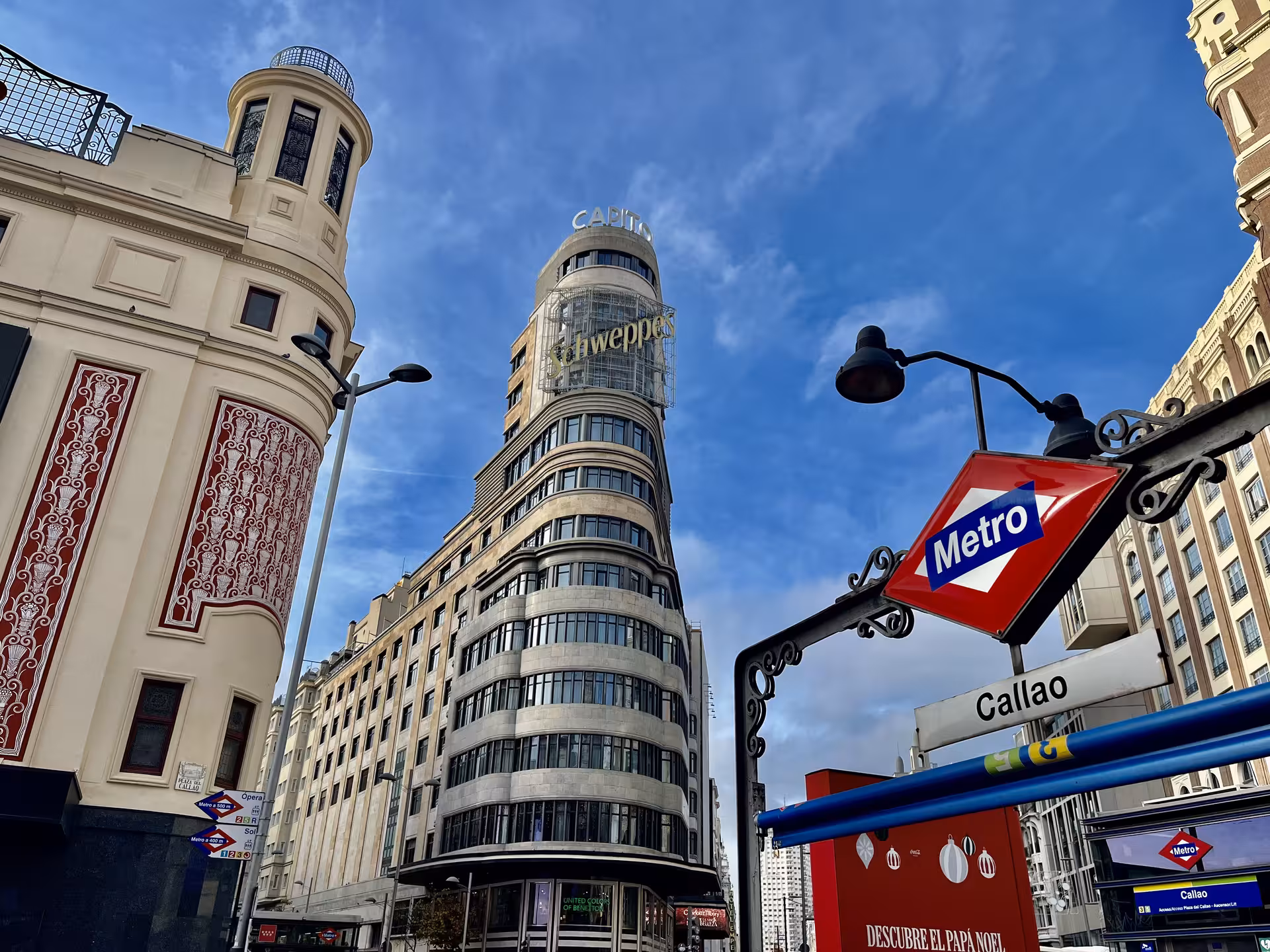 Callao Square Madrid with Capitol Building and Metro sign, key Gran Vía highlight on local tour and flamenco night