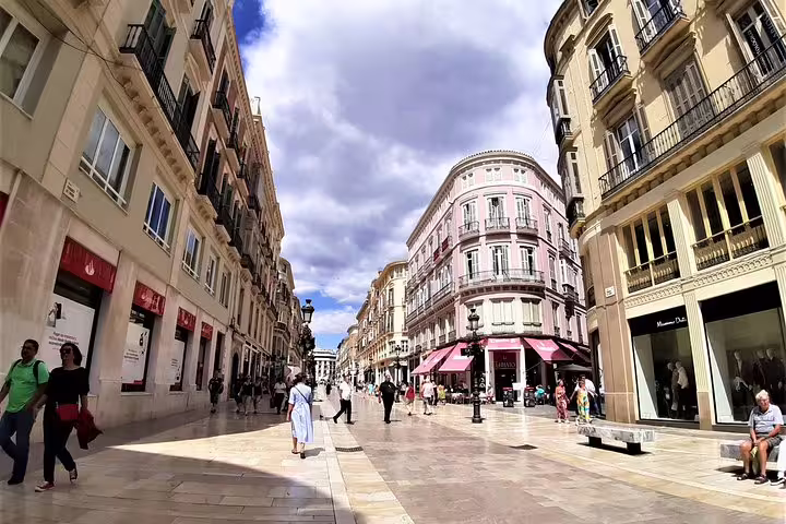 Calle Larios in Malaga historic center on a group walking tour, with elegant buildings and shoppers