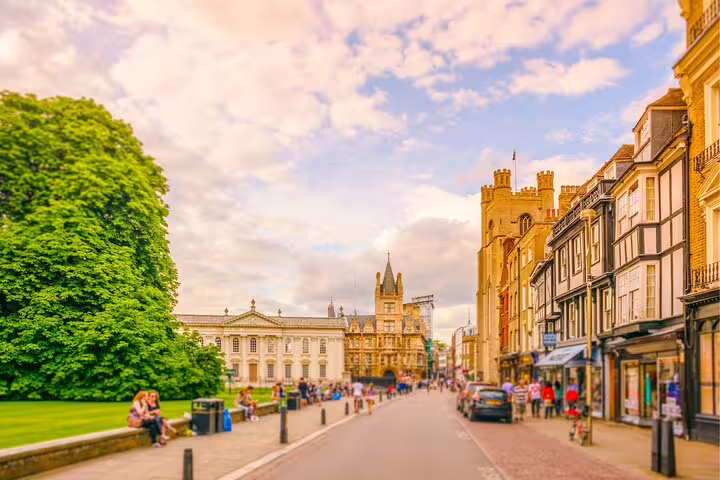 Cambridge city centre street near Market Square, ideal scene for a self-guided scavenger hunt and highlights walk