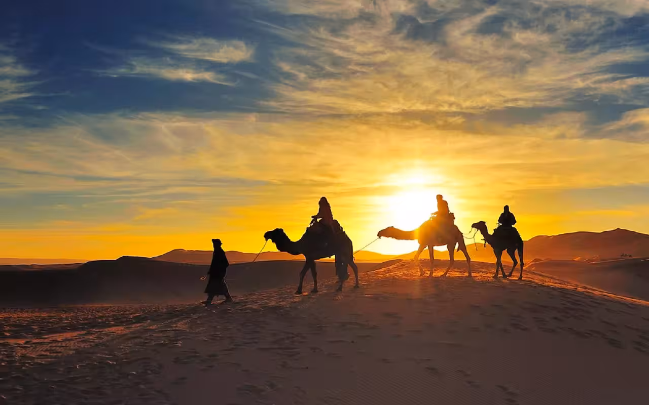 Silhouetted camel caravan traverses Merzouga Sahara at sunset, offering breathtaking views on the Marrakech to Fez tour.