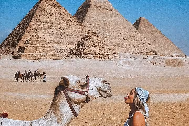 Camel close-up with Giza Pyramids in background, Hurghada private tour to Cairo pyramids, Sphinx and Egyptian Museum