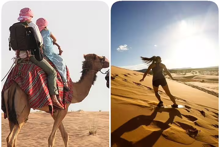 Enjoy a camel ride through vast desert landscapes alongside exhilarating sandboarding experiences.