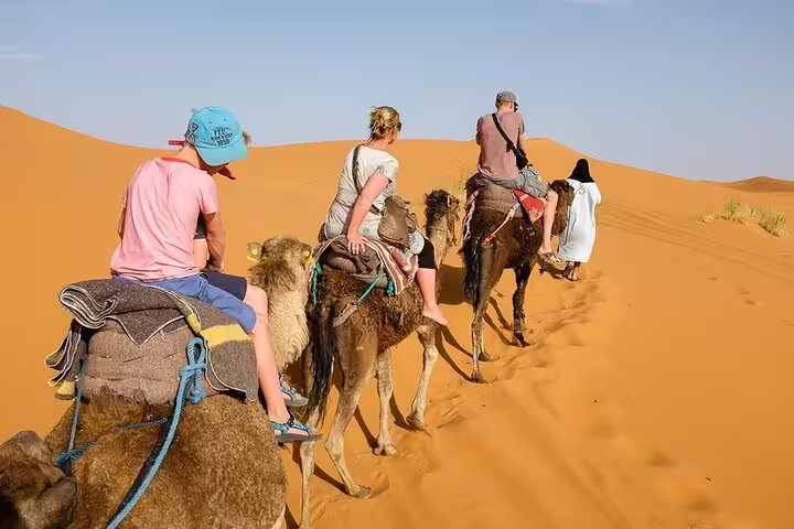 Camel trek across Erg Chebbi dunes in Merzouga on 4 days 3 nights Sahara desert tour from Marrakech