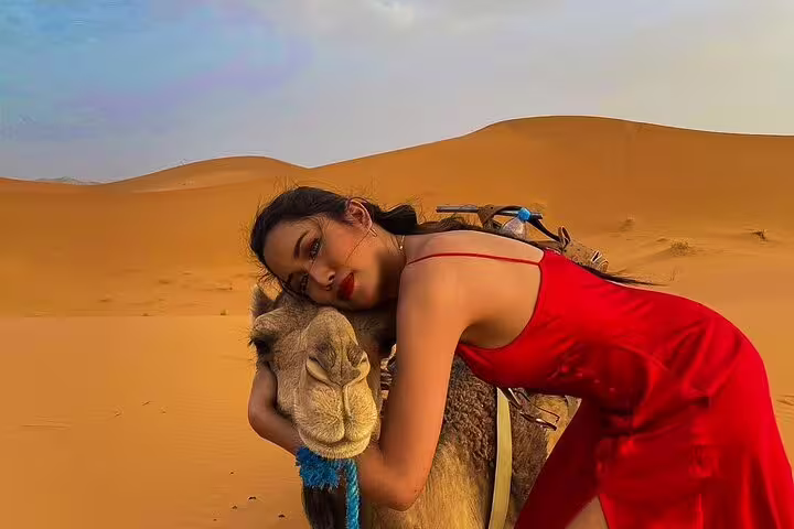 Traveler hugging camel in Merzouga Sahara dunes, Morocco desert camel trek on 15-day Casablanca itinerary
