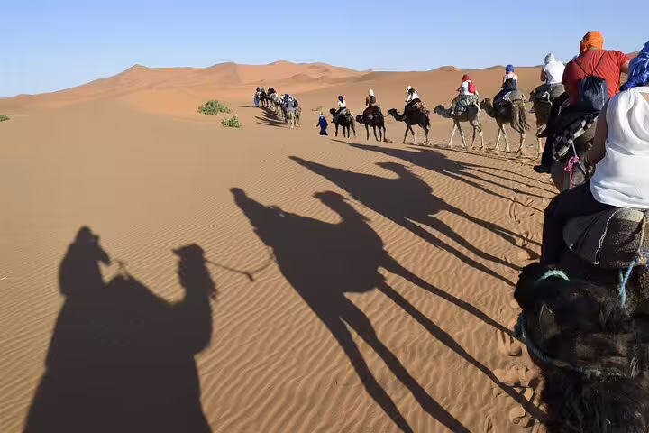 Camel trekking caravan across Erg Chebbi dunes, highlight of 3-day private desert tour Marrakech to Merzouga