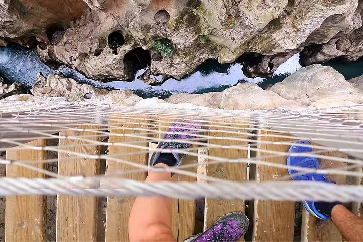 View down from Caminito del Rey boardwalk over El Chorro gorge on private tour from Marbella or Malaga