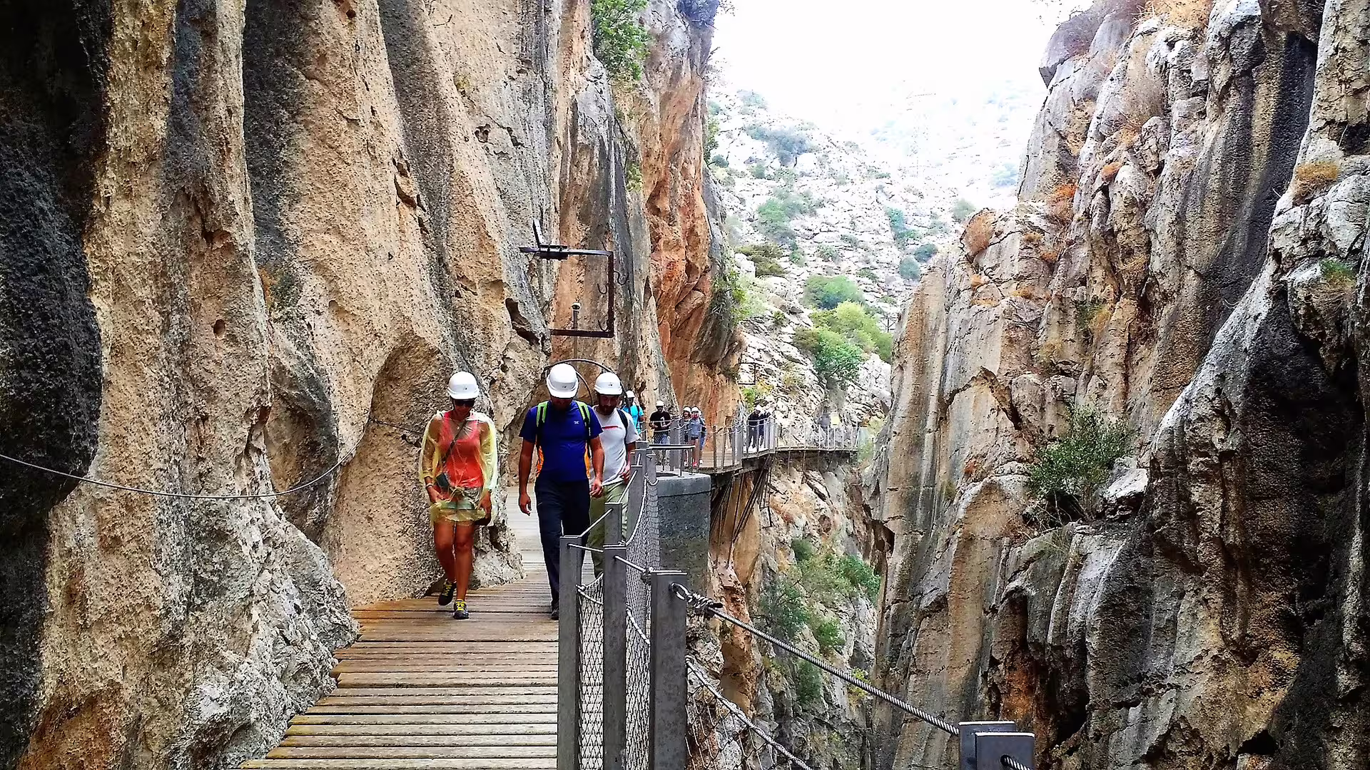 Guided Caminito del Rey group walking tour on cliffside boardwalk through El Chorro gorge, Malaga