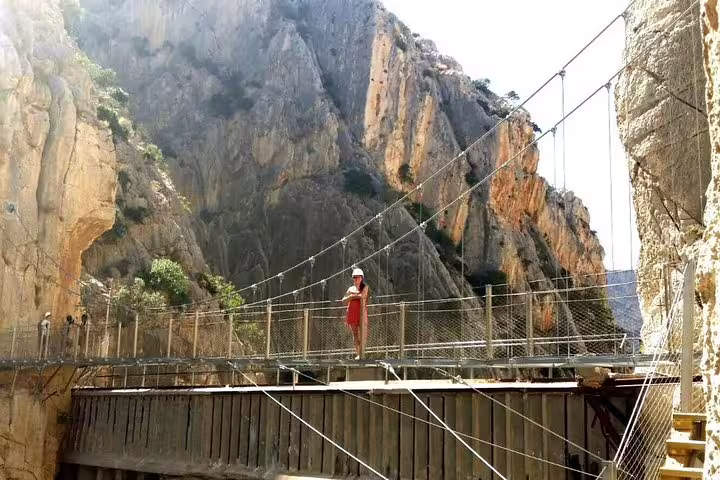 Suspension bridge and cliff walkway at Caminito del Rey on a private tour from Marbella or Malaga