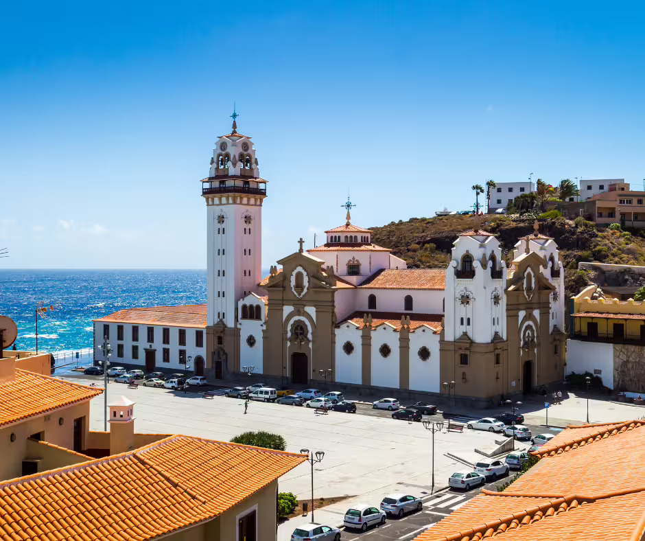 Scenic view of Candelaria's basilica overlooking the ocean, perfect for a private island tour in Tenerife.