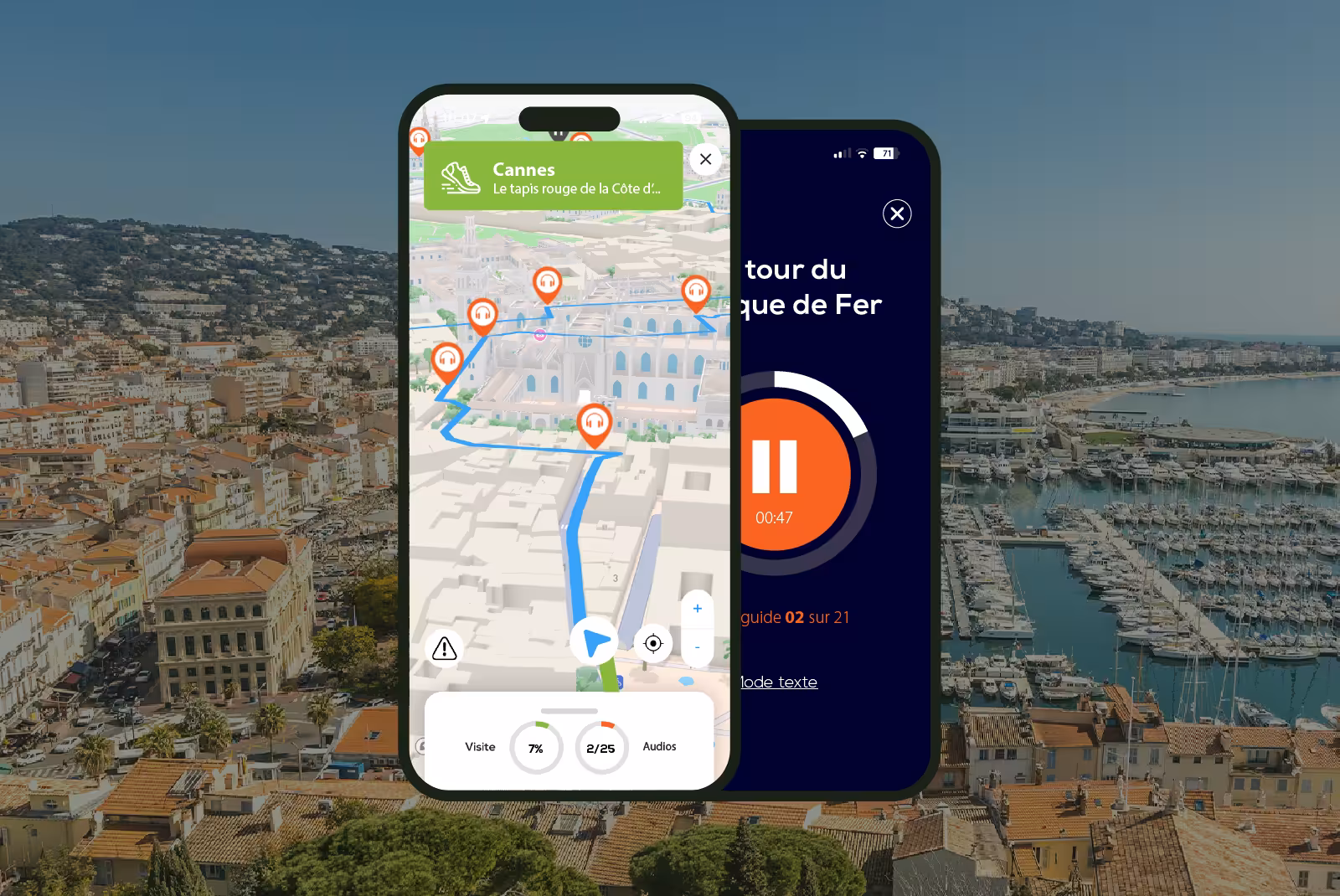 Cannes audioguide mobile application interface on smartphone with the port and the city in the background.