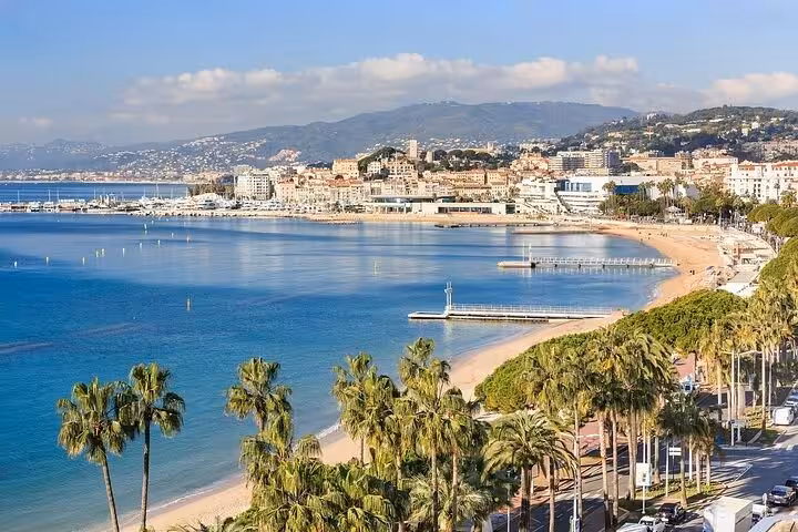 Panoramic view of Cannes beach and bay with palm trees, marina, and hillside cityscape on French Riviera