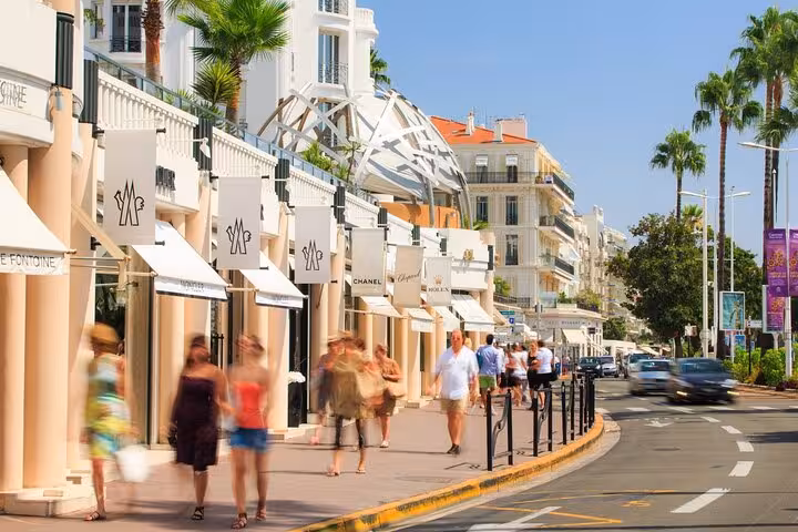 Vibrant shopping street in Cannes lined with luxury boutiques and palm trees, perfect for a glamorous shopping tour.