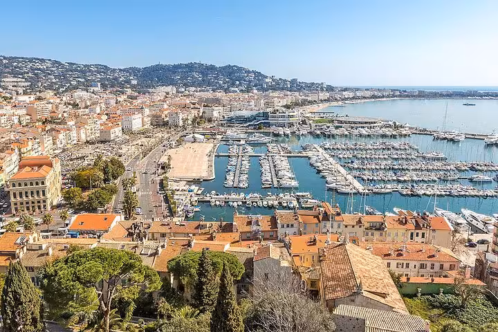Aerial panoramic view of Cannes marina and city on a private day trip to the stunning French Riviera Golden Coast