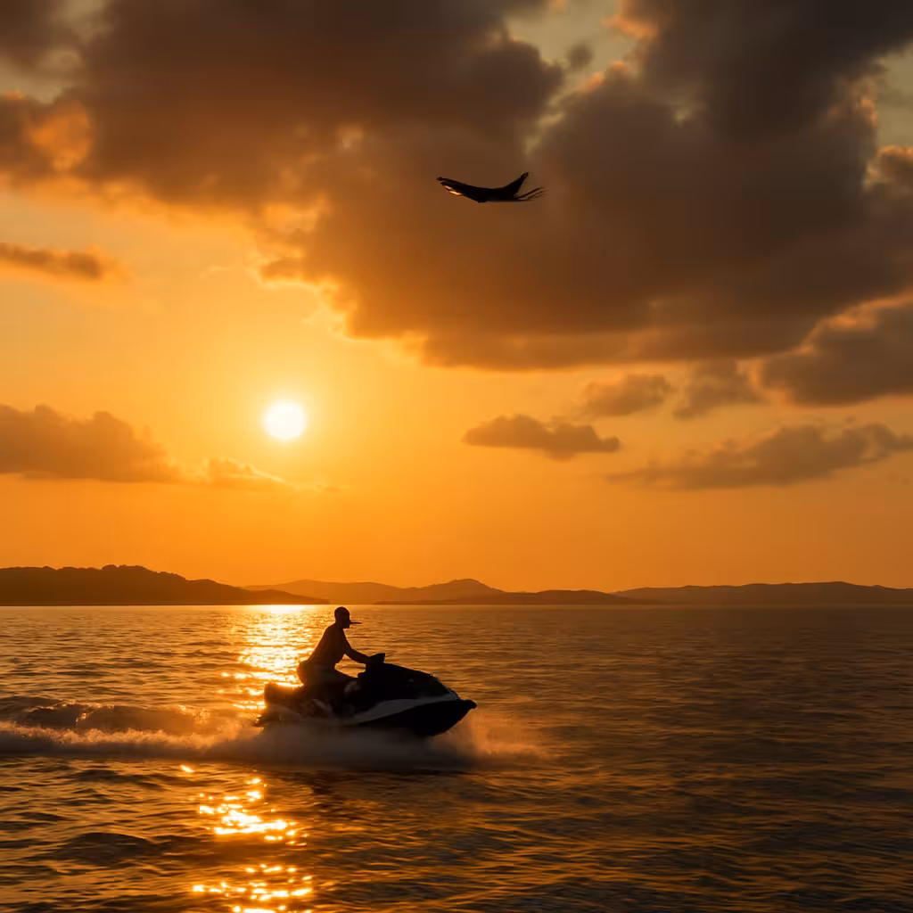 Person riding a jet ski on calm ocean waters during a golden sunset with a bird soaring overhead