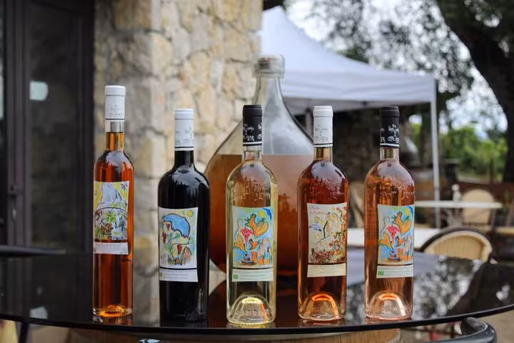 Five colorful labeled wine bottles displayed on a glass table at a Provence countryside winery