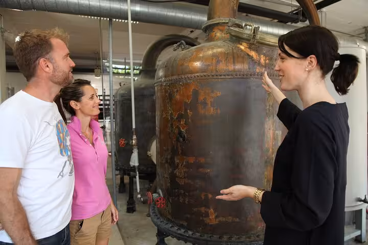 Tour guide explaining copper distillery still to couple during Cannes countryside wine tour