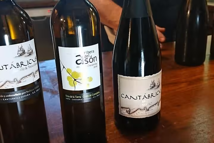 Selection of Cantabrian wines displayed on a wooden table during Santander gastronomy tour.