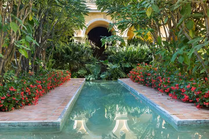 Lush tropical garden with a rectangular pool flanked by red flowers and a yellow villa entrance