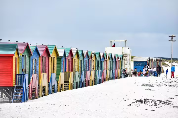 Colorful beach huts line the sandy shore, vibrant landmark on Cape of Good Hope tour from Cape Town.