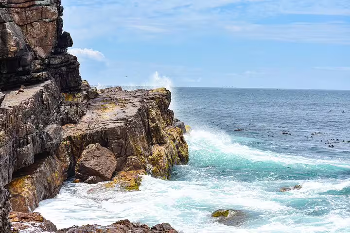 Waves crash against rugged cliffs at Cape of Good Hope, showcasing stunning coastal scenery.