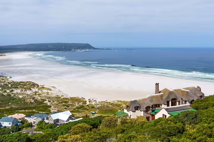 Scenic view of sandy beach and coastal homes along the Cape Peninsula, featured in the Cape of Good Hope tour.