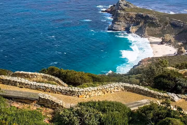 Scenic view of Cape Point with turquoise ocean waves and lush greenery along rugged cliffs, Cape of Good Hope tour.