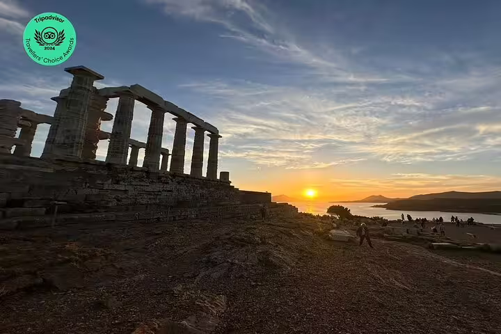 Sunset at Temple of Poseidon, Cape Sounio private tour with panoramic Athenian Riviera views over the Aegean Sea