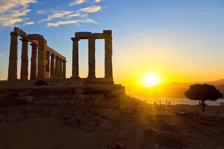 Sunset at the Temple of Poseidon, Cape Sounio private tour from Athens with Greek traditional food stop