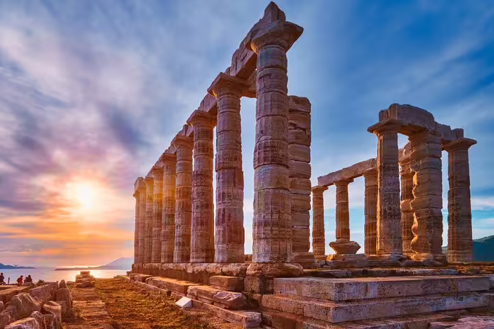 Cape Sounion Temple of Poseidon columns at golden hour, scenic stop on Athens half-day small-group tour